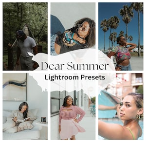 May include: A collage of images showcasing a variety of summer scenes, including a woman in a colorful top, a woman in a pink skirt, a woman in a green swimsuit, and a woman in a black shirt. The text "Dear Summer Lightroom Presets" is superimposed on the images.
