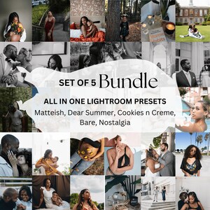 Peut inclure: Un collage d'images présentant un ensemble de 5 préréglages Lightroom pour les photographes. Le texte "SET OF 5 Bundle" et "ALL IN ONE LIGHTROOM PRESETS" est affiché en blanc sur un fond en forme de nuage blanc. Le texte "Matteish, Dear Summer, Cookies n Creme, Bare, Nostalgia" est affiché en noir sous le nuage.