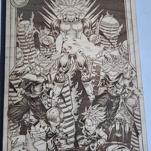 May include: A wood-burned image of a character from the Dragon Ball Z anime series. The character is surrounded by other characters and is in a fighting pose. The image is on a wooden plaque.