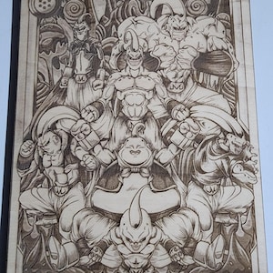 May include: A wood-burned image of characters from the Dragon Ball Z anime series. The image features a group of characters with horns and a variety of poses. The image is framed in a wood border with the text "Dragon Ball Z" at the top.