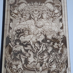 May include: A wood-burned image of characters from the Dragon Ball Z anime series. The characters are in various poses, including fighting stances. The image is framed with a decorative border.