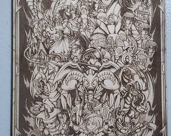 May include: A wood-burned image of various characters from the Yu-Gi-Oh! Trading Card Game. The image is in a brown and black color scheme and features a variety of monsters, including the Dark Magician, Blue-Eyes White Dragon, and Red-Eyes Black Dragon.