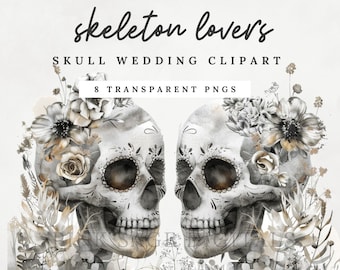 Skull Wedding Clipart – Skeleton Lovers, Goth Bridal (PNG)