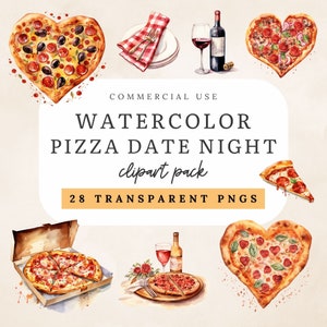 Clipart pizza en forme de coeur aquarelle pizza date soir pizza au pepperoni clipart végétarien bouteille de vin clipart saint valentin PNG transparent