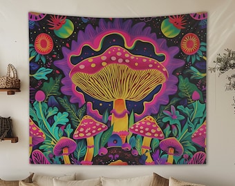 May include: A psychedelic tapestry featuring a large, colorful mushroom with pink and yellow accents surrounded by smaller mushrooms and foliage. The background is a dark blue with stars and swirls.
