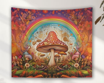 May include: A psychedelic tapestry featuring a large red and white mushroom with white spots, surrounded by smaller mushrooms and flowers. A rainbow arch spans the top of the tapestry, with a swirling, colorful background.