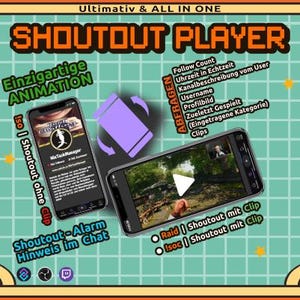 Könnte beinhalten: Werbegrafik für "SHOUTOUT PLAYER" mit zwei Smartphones, die App-Funktionen anzeigen. Der Text enthält "Einzigartige ANIMATION" und "Shoutout-Alarm Hinweis im Chat". Das Design zeigt einen türkisfarbenen Gitterhintergrund und orangefarbene und gelbe Akzente.