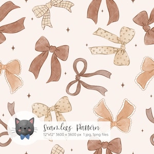 May include: A seamless pattern featuring watercolour illustrations of brown and beige bows on a white background. The bows are arranged in a repeating pattern and have a variety of shapes and sizes.