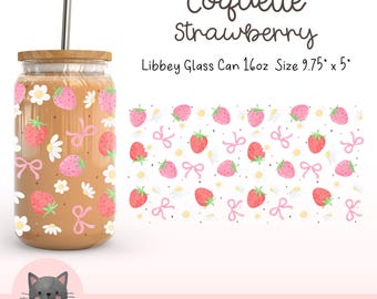 Lazos de fresa Lata de vidrio Libbey de 16 oz Envoltura PNG Lata de vidrio Coquette de fresa PNG Envoltura de café femenina PNG Fruta de verano Envoltura de taza linda y de moda