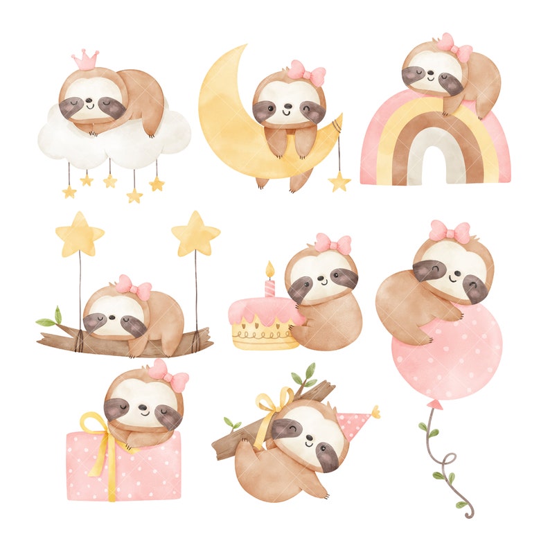 Watercolor Baby Sloth Clipart Birthday Girl Clipart Baby Shower Nursery ...