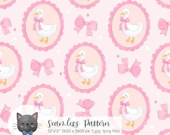 Patrón sin costuras de ganso primaveral de coqueta rosa Patrón repetitivo de ganso tonto Tela de primavera retro Fondo Cottagecore Papel digital de pato lindo