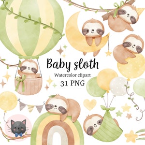 Watercolor baby sloth clipart Birthday clipart Baby shower Nursery art Watercolor animal Birthday party gift png Birthday kids clipart