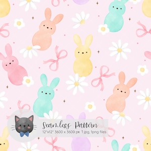 Peut inclure: Un motif sans couture représentant des lapins de couleur pastel, des marguerites blanches et des nœuds roses sur un fond rose clair. Les lapins sont de différentes couleurs, notamment rose, jaune, bleu et violet. Le motif mesure 12 pouces sur 12 pouces et est disponible aux formats JPG et PNG.