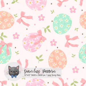 May include: A seamless pattern featuring pastel pink, green, and orange Easter eggs with white daisy flowers. The eggs are decorated with pink bows and are surrounded by green leaves and pink flowers on a white background.