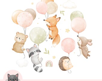 Woodland animals sublimation Animals with balloon png Baby shower Nursery decor png Bear, Fox, Deer Birthday gift Kids shirt sublimation