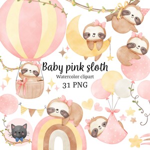 Watercolor baby sloth clipart Birthday girl clipart Baby shower Nursery art Watercolor animal Birthday party gift png Birthday kids clipart