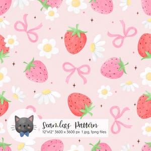Puede incluir: Un patrón sin costuras con fresas rosas, margaritas blancas y lazos rosas sobre un fondo rosa claro. El patrón mide 30,48 cm por 30,48 cm y está disponible en formatos JPG y PNG.