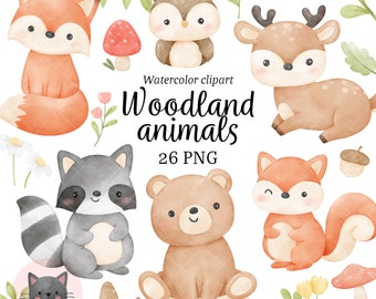Woodland animals watercolor clipart Forest animals clipart Nursery decor Baby animal png Party supplies Bear, Fox, Deer, Hedgehog, Owl png