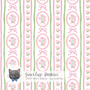 Preppy floral cottage stripe seamless pattern Spring easter repeat pattern Coquette bow  Grand millennial Pink green flowers digital paper