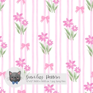 Pink stripe floral seamless pattern Preppy floral cottage seamless Spring flower repeat pattern Coquette bow Grand millennial digital paper