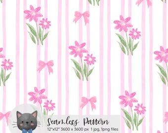 Pink stripe floral seamless pattern Preppy floral cottage seamless Spring flower repeat pattern Coquette bow Grand millennial digital paper