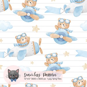 May include: A seamless pattern featuring brown bears wearing aviator glasses and scarves, flying blue and brown airplanes with white propellers against a white background with blue stripes and yellow stars.