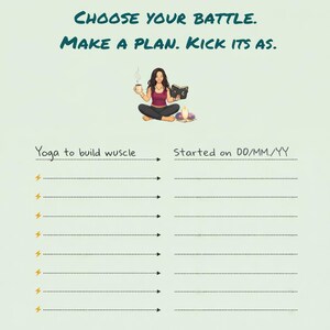 May include: A motivational planner page with the text "Small wins still count." and "Choose your battle. Make a plan. Kick its as." An illustration of a person sitting cross-legged with a book and coffee. Includes yoga and goal-setting sections.