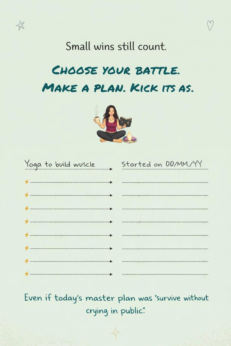 May include: A motivational planner page with the text "Small wins still count." and "Choose your battle. Make a plan. Kick its as." An illustration of a person sitting cross-legged with a book and coffee. Includes yoga and goal-setting sections.