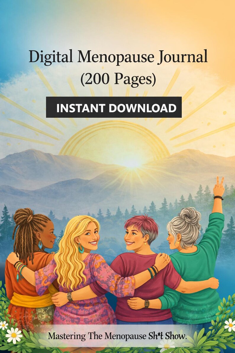 May include: A digital journal cover titled Digital Menopause Journal (200 Pages) featuring an illustration of four diverse individuals with arms around each other, facing a sunrise over a forest, with the text Mastering The Menopause Sh*t Show.