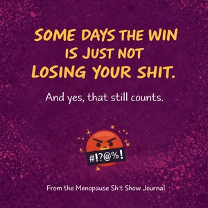 May include: A purple background with yellow text that reads "SOME DAYS THE WIN IS JUST NOT LOSING YOUR SHIT. And yes, that still counts." An angry face with a censored mouth is below the text. From the Menopause Sh't Show Journal.