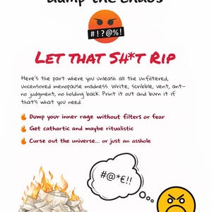 May include: A white poster with the text "This is where you dump the chaos" and "LET THAT SH*T RIP". Includes an angry emoji, a burning pile of papers, and a thought bubble with expletives. The poster is for a "MENOPAUSE SH*T SHOW CONFIDANT".
