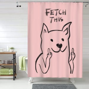 Cortina de ducha con estampado de perro Fetch This, cortina de baño impermeable con perro divertido, cortina de baño con arte de pared moderno, decoración de baño única