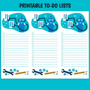 Puede incluir: Una lista de tareas imprimible con un fondo verde azulado. La lista presenta tres secciones con un gráfico de robot azul que sostiene un letrero de "TO DO". Cada sección tiene una serie de espacios con líneas para notas y un borde inferior con herramientas y lápices.