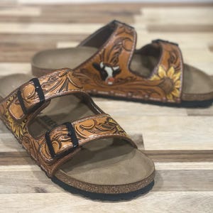 Western Painted Floral Custom Tooled Leather Authentic Birkenstock Sandals | One Of A Kind Design | Wedding Shoes