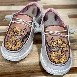 Western Floral Daisy Sage Sunflower Custom Tooled Leather Hey Dude Shoes | Add Initials Or Brand | Design On Authentic Hey Dudes