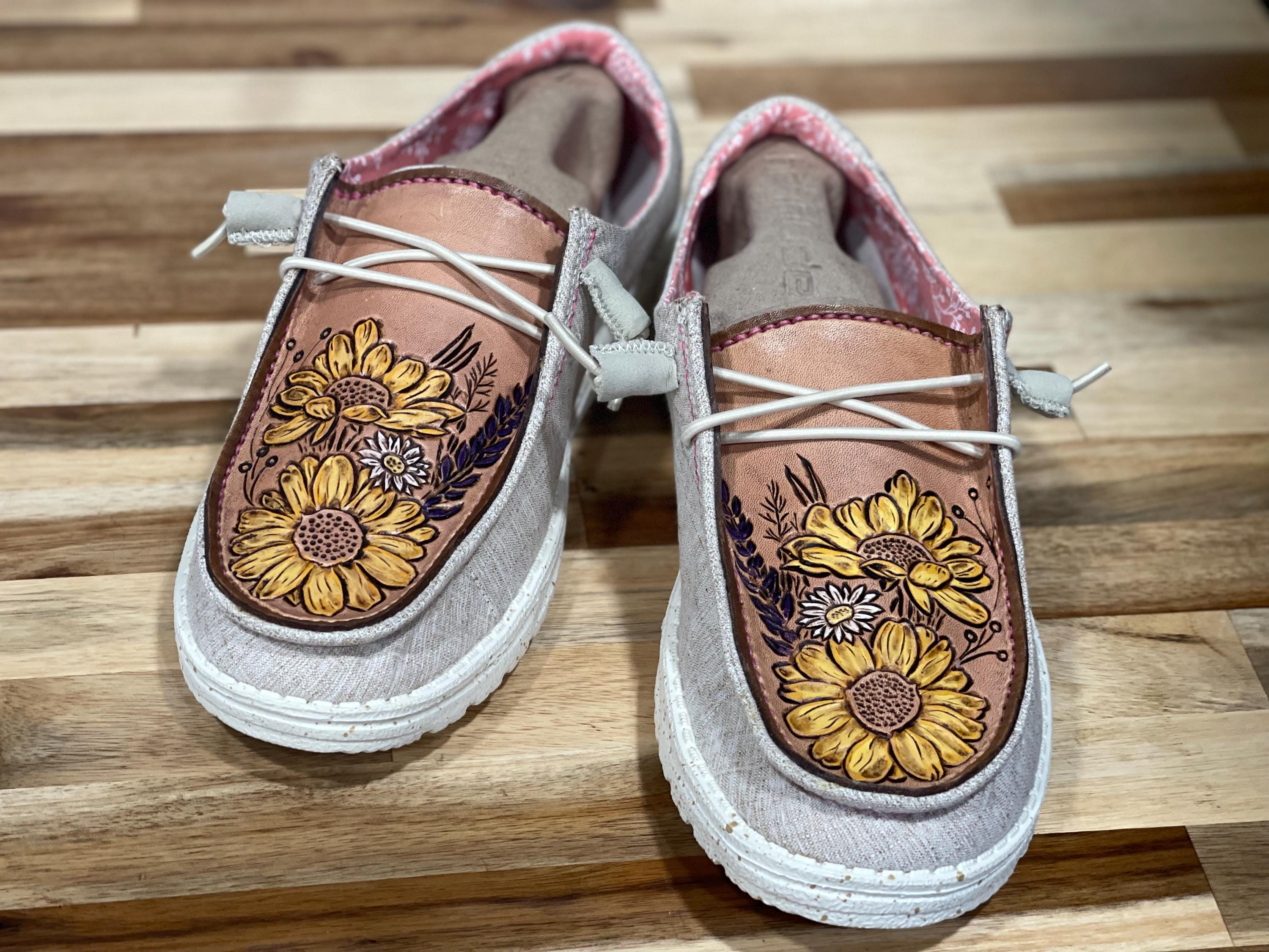 Western Floral Hand Tooled on Authentic Hey Dudes - Custom Daisy