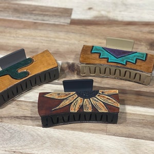 Authentic Hand Tooled Leather 4&quot; Hair Clips Western Claw Accessory | Trending NFR Rodeo Fashion | Cactus | Sunflower | Aztec