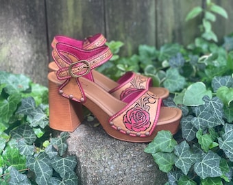 Custom Tooled Roses Leather on Authentic Soda Brand Sandal Heels| Western Prom Design | Floral Wedding Shoes