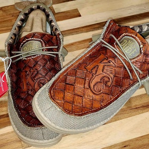 Western Custom Tooled Leather Hey Dude Shoes | One Of A Kind Design On Authentic Hey Dudes