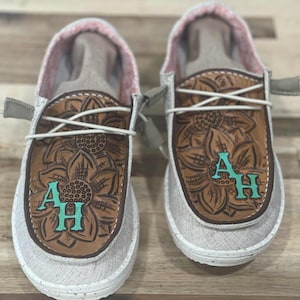 Western Sunflower Custom Tooled Leather Hey Dude Shoes | Add Initials Or Brand | Design On Authentic Hey Dudes | Western Fashion
