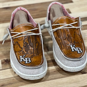 Western Custom Tooled Leather Hey Dude Shoes | One Of A Kind Design On Authentic Hey Dudes | Cactus Scene Monogram | Western Fashion