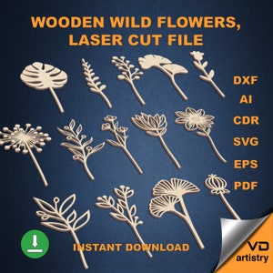 Wildflower Laser Cut Dxf-bestand voor Laser Wildflowers SVG Bundel Moederdag cadeau Botanische Svg Vector-bestanden voor hout Lasersnijden Laser