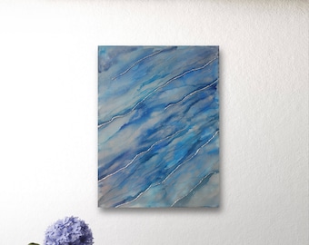 Original Abstract Alcohol Ink Art Canvas Painting Epoxy Resin Silver Leaf 12"x16"