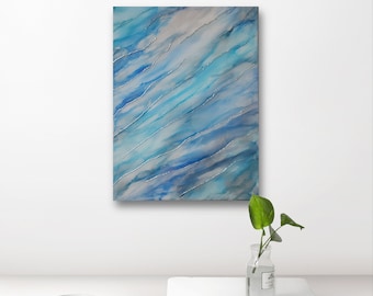 Original Abstract Alcohol Ink Art Canvas Painting Epoxy Resin Silver Leaf 12"x16"