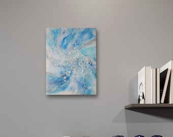 Original Abstract Alcohol Ink Art Canvas Painting Epoxy Resin Silver Leaf 12"x16"