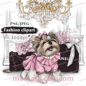 FASHION YORKIE Clipart, Fashionista Yorkshire Terrier Art, Aesthetic dog illustration, Glamour Cute Pink puppy PNG