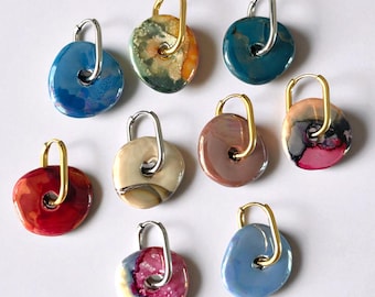 Keramik Ohrringe in Kreis/Donutform mit runden und U-förmigen Creolen, Hängeohrringe aus hypoallergenem Edelstahl in Gold/Silber,Handgemacht