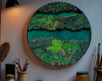Cuadro redondo de musgo de 40 cm / Decoración 3D de musgo preservado / Resina epoxi color turquesa y roca volcánica / Arte para el hogar biofílico / Regalo que no requiere mantenimiento