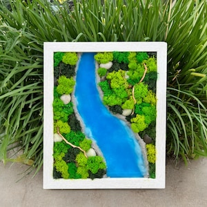 Unique Preserved Moss Wall Art with Sky Blue Epoxy River by Evergreen Oasis - Nature Inspired Decor with Rocks - 16" x 13" (1 Piece)