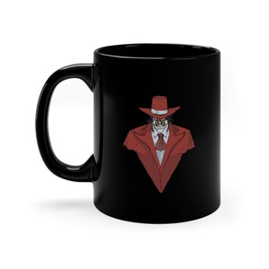May include: A black ceramic mug featuring a graphic illustration of a character wearing a red wide-brimmed hat, a matching red coat, a white collared shirt with a red necktie, and round glasses, with a wide, toothy grin on their face.